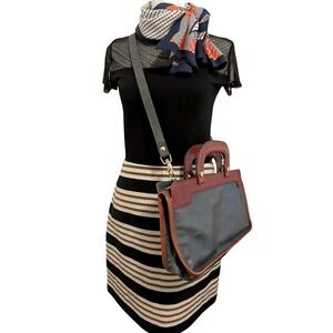 Loft Black White Tan Stripes Mini Skirt Size 6 Side Zipper Closure